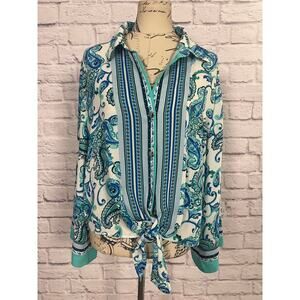 Floral & Ivy Paisley Print Button Up Blouse with Tie Waist